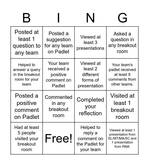 Professional Learning Day Bingo Card