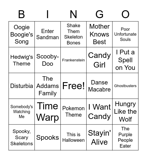 Spooky Music Bingo Card