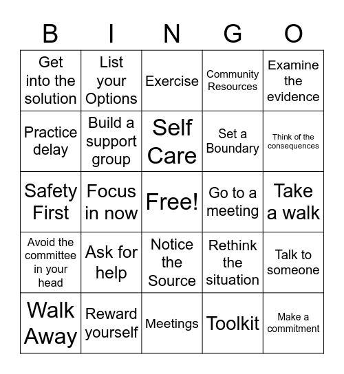 Coping Skills Bingo Card