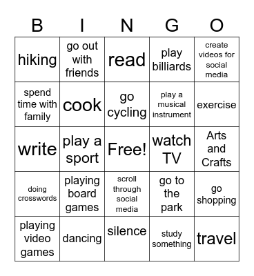 Free Time Activities Bingo Card