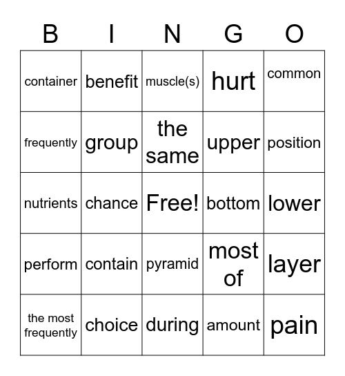 food pyramid/stretching Bingo Card