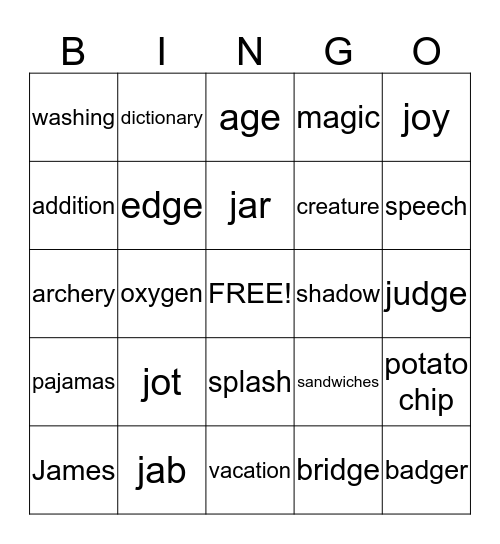 sh, ch, j Bingo Card