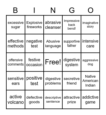 Suffix -ive (causing or making) Bingo Card