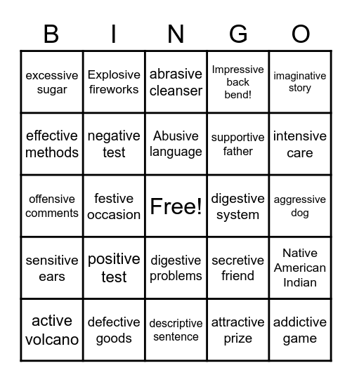 Suffix -ive (causing or making) Bingo Card