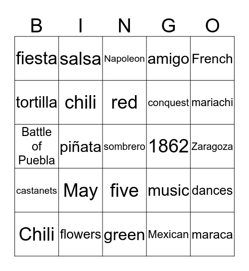 Cinco de Mayo Bingo Card