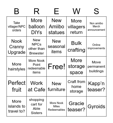 ACNH NINTENDO DIRECT PREDICTIONS Bingo Card