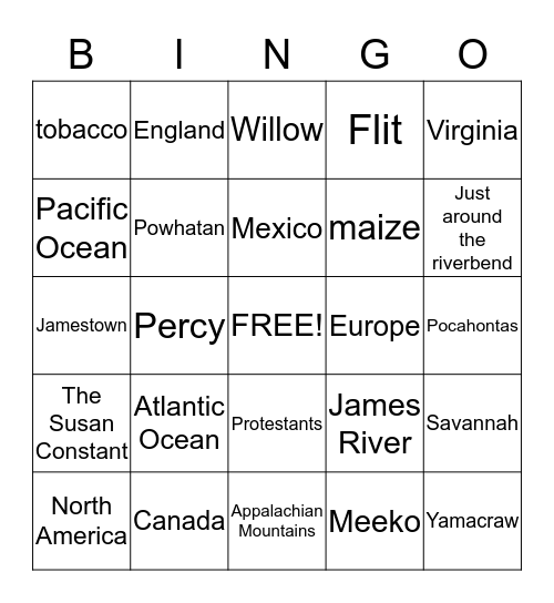 Pocahontas  Bingo Card