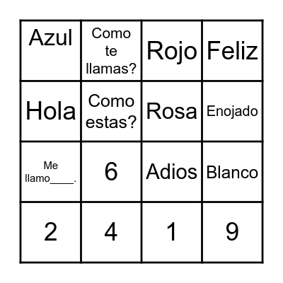 Numbers-Feelings-Colors-Greetings Bingo Card