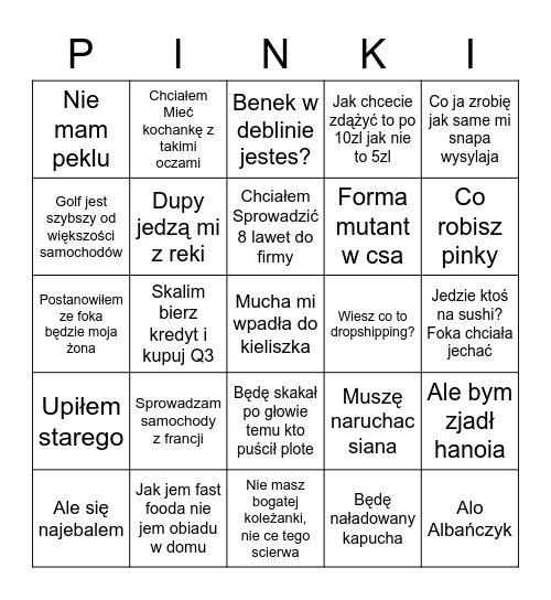 Bingo Pinkusia Bingo Card