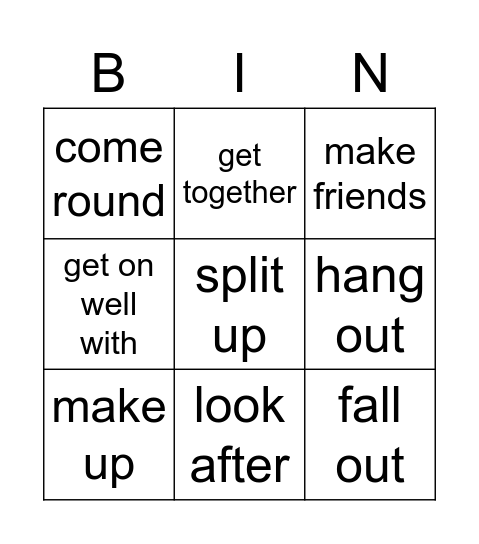 Phrasal Verbs Relationships Bingo Card