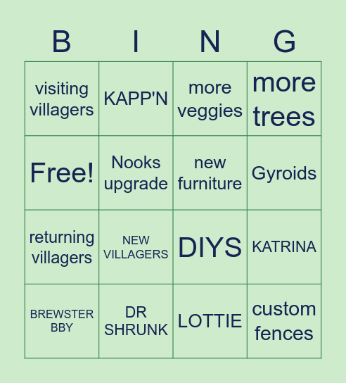 Animal Crossing Direct Bingo Card