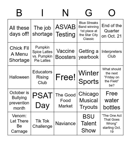 HHS Current Events Bingo Card