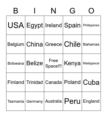 Countries....Remember to contact the BINGO BASE as soon as you BINGO either HORIZONTALLY, VERTICALLY OR DIAGONALLY!!! GOOD LUCK!!!!! Bingo Card