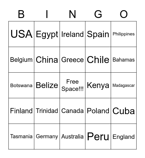 Countries....Remember to contact the BINGO BASE as soon as you BINGO either HORIZONTALLY, VERTICALLY OR DIAGONALLY!!! GOOD LUCK!!!!! Bingo Card