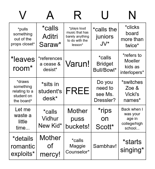 Sabramisms Bingo Card