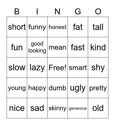 Adjective Bingo Card