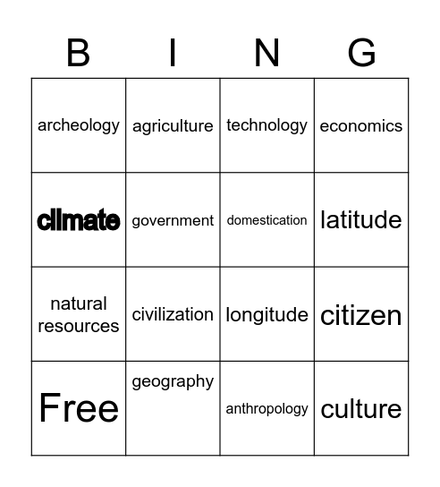 social studies Bingo Card