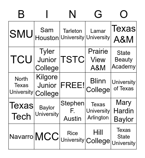 College Bingo Card