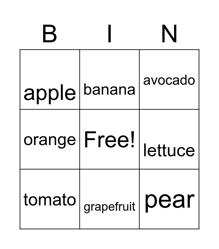 Produce Bingo Card