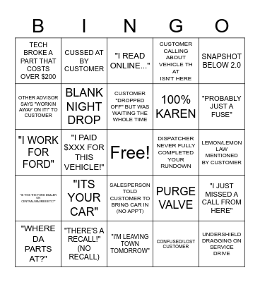 SERVICE ADVISOR Bingo Card