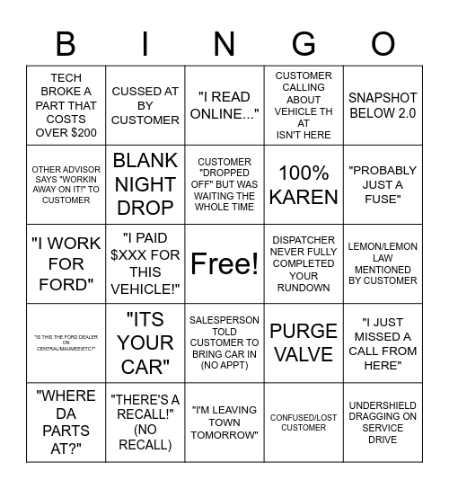 SERVICE ADVISOR Bingo Card