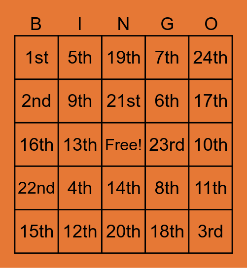 Ordinal Numbers Bingo Card