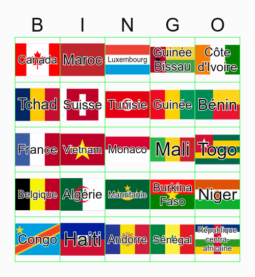 Les pays francophones Bingo Card