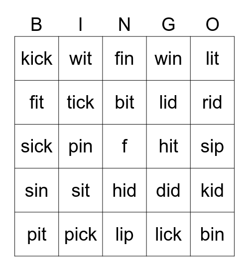 SHORT i Bingo Card