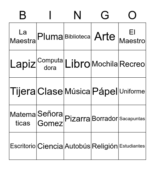 Señora Gomez - Escuela Bingo Card