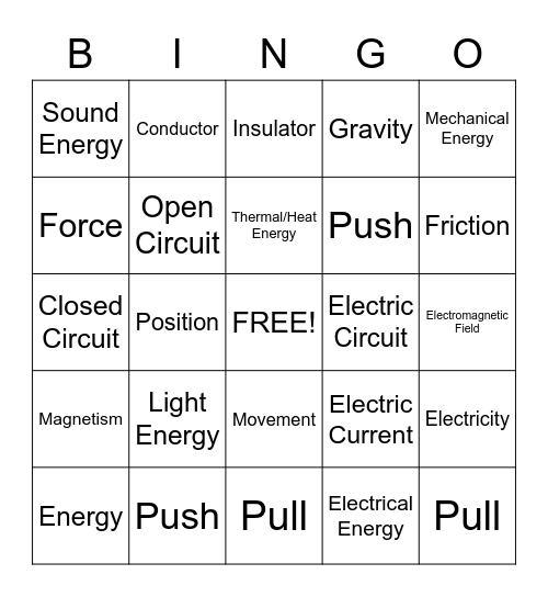 Force, Motion, & Energy Bingo Card