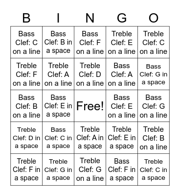 Grand Staff Note Names Bingo Card