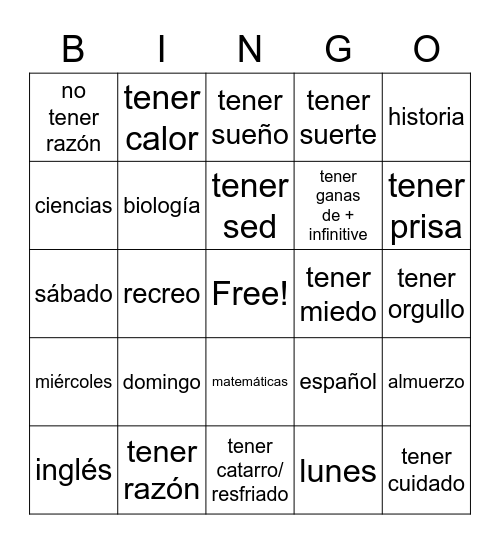 Expressions with tener, school subjects, days of week Bingo Card