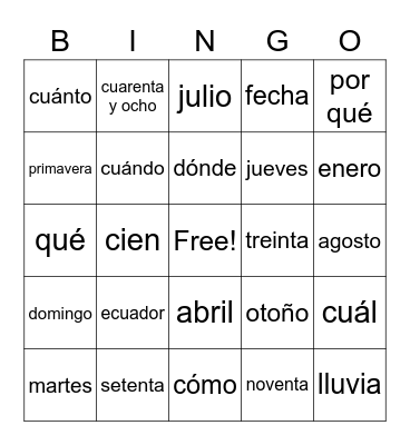 Unit 8 Vocab Words -- Estaciones, etc. Bingo Card