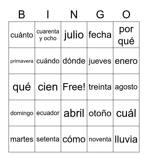 Unit 8 Vocab Words -- Estaciones, etc. Bingo Card