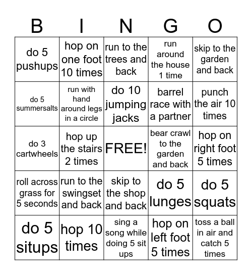 exercise bingo Card