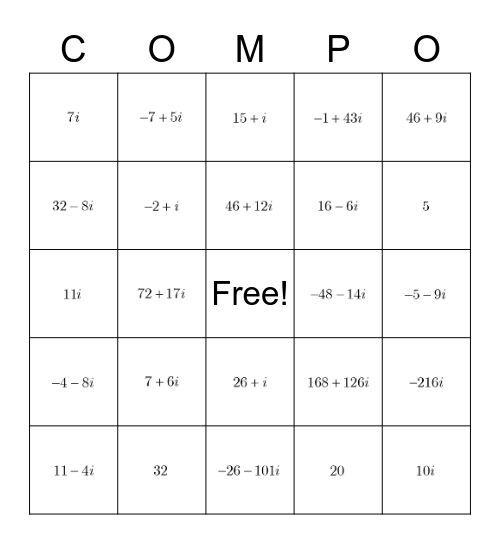 Complex Number Type 2 Bingo Card