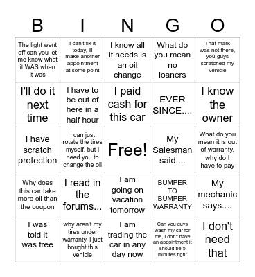 SERVICE ADVISOR Bingo Card