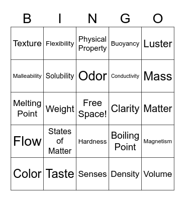 Physical Properties of Matter Bingo Card