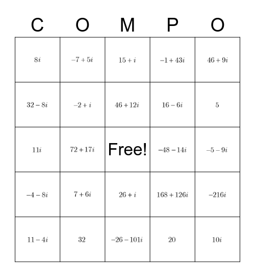 Complex Numbers Type 2 Bingo Card