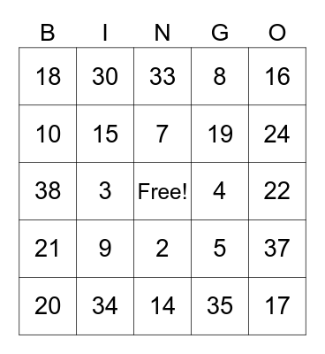 Number Bingo Card