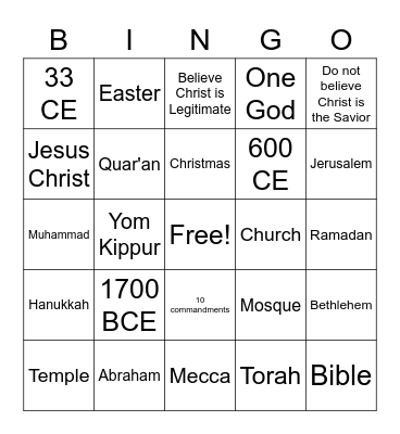 Monotheistic Religion Bingo Card