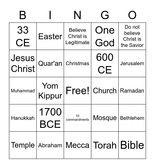 Monotheistic Religion Bingo Card