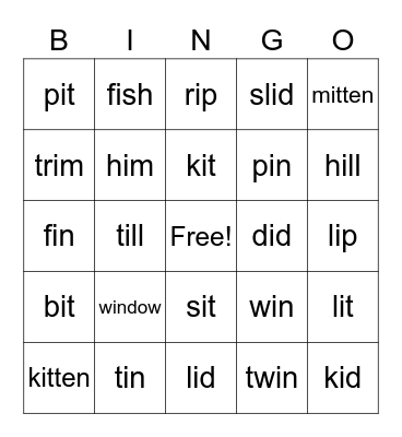 Short Vowel -i Bingo Card