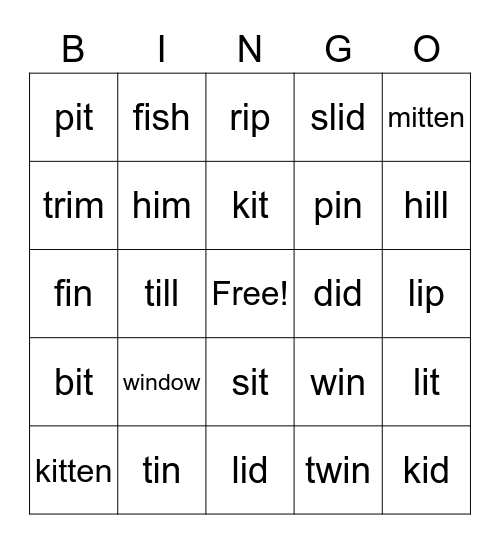 Short Vowel -i Bingo Card