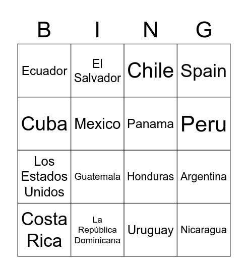 Los Paises Hispanohablantes Bingo Card