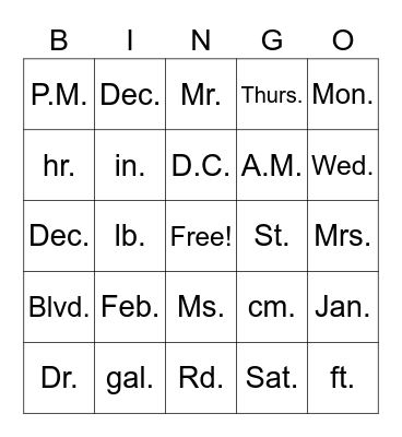 Abbreviation Bingo Card