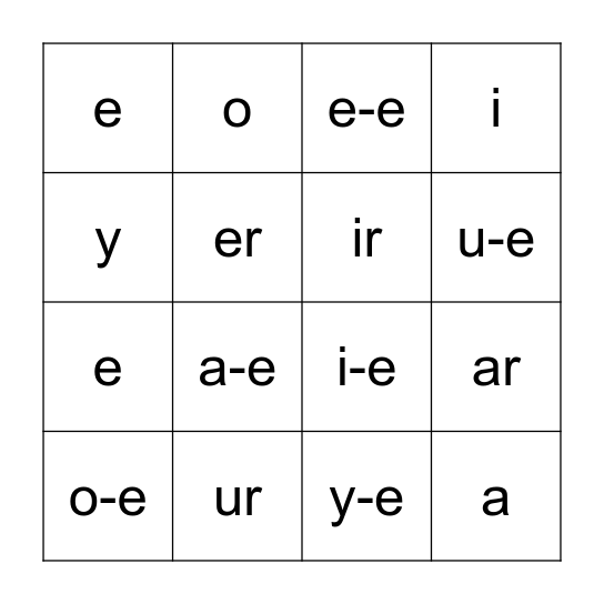 Single Vowel (long, r- or l-controlled) Bingo Card