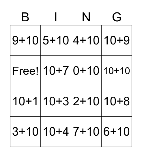 Add with 10s Bingo Card