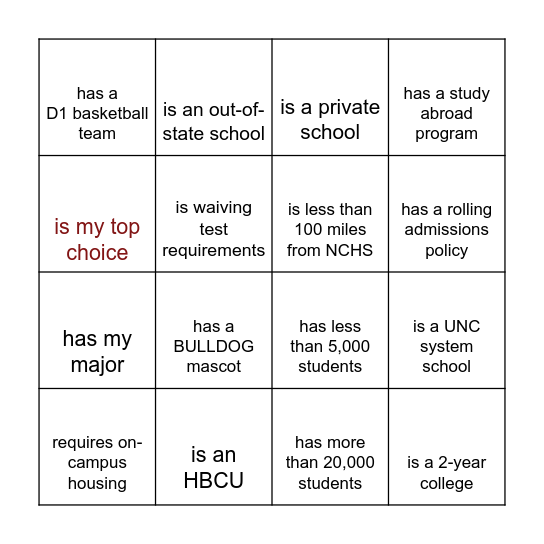 College Fair Bingo Card