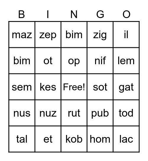 Nonsense Word  Bingo Card